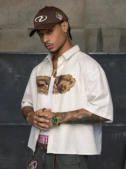 Men's Retro Plaid Print Shirt Short Sleeve Loose Fit Button-Up Woven Fabric for Summer Streetwear