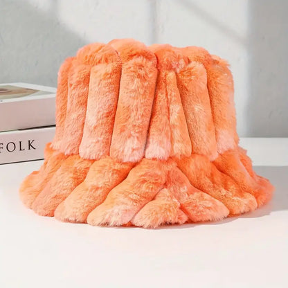 Unisex Winter Bucket Hat – Soft Plush Faux Rabbit Ear Design, Tie-Dye Accents, Adjustable Drawstring