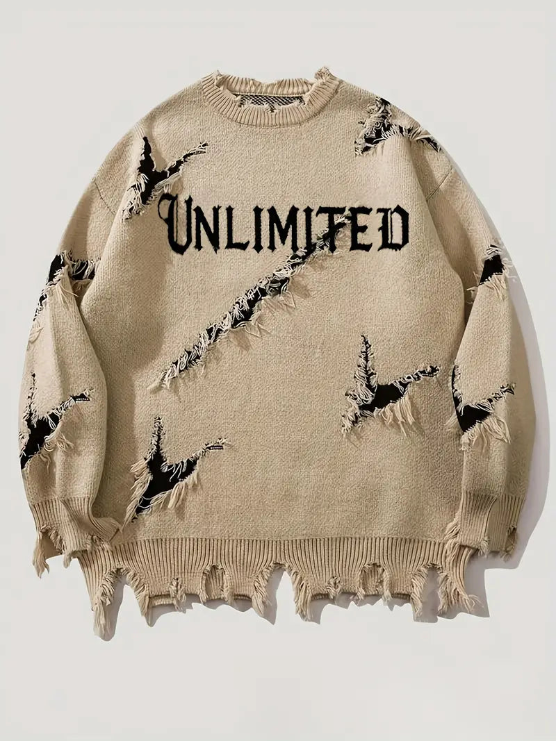 Men's Gothic Oversized Sweater – UNLIMITED Lettering, Bat Wing Knit Pullover, Distressed Streetwear