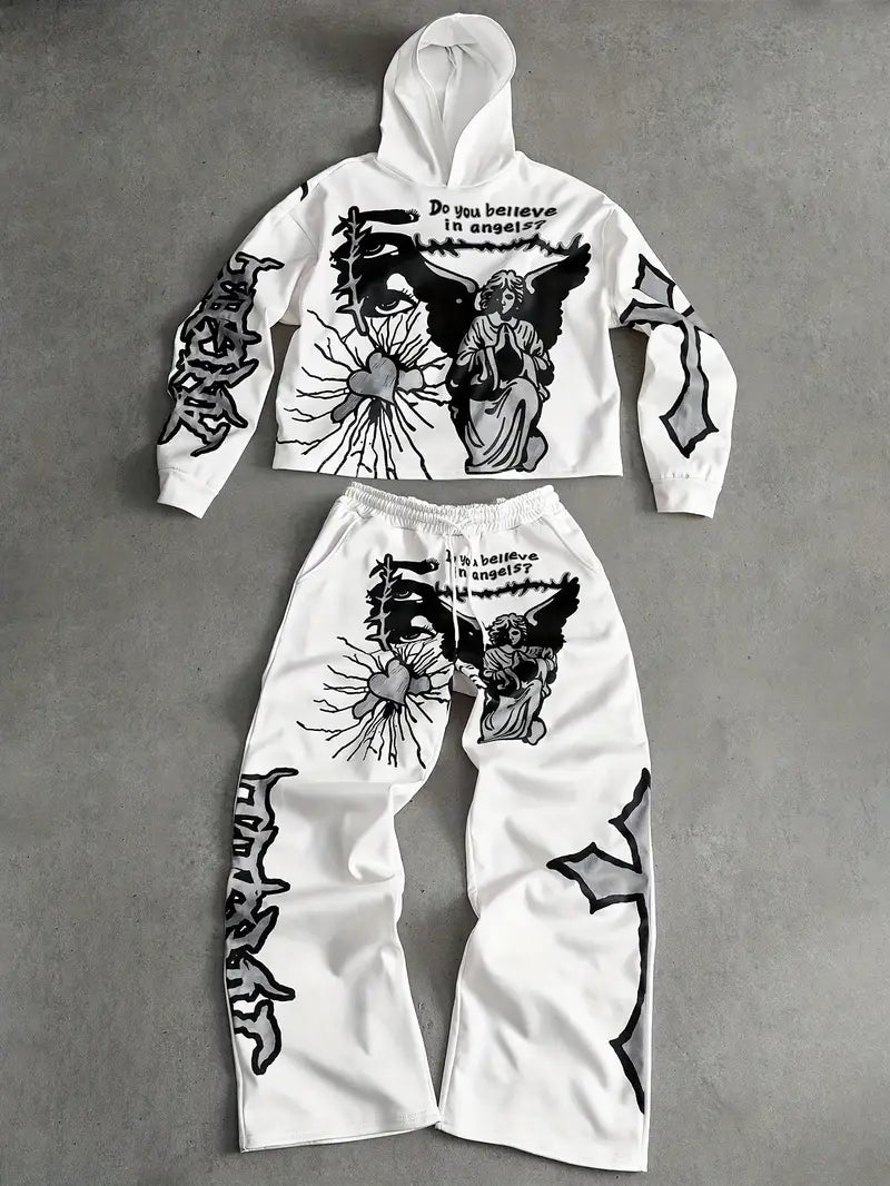 Men's 3D Angel Heart Hoodie Set Polyester Casual Streetwear Two-Piece Outfit with Graphic Sweatshirt & Pants