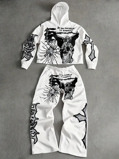 Men's 3D Angel Heart Hoodie Set Polyester Casual Streetwear Two-Piece Outfit with Graphic Sweatshirt & Pants