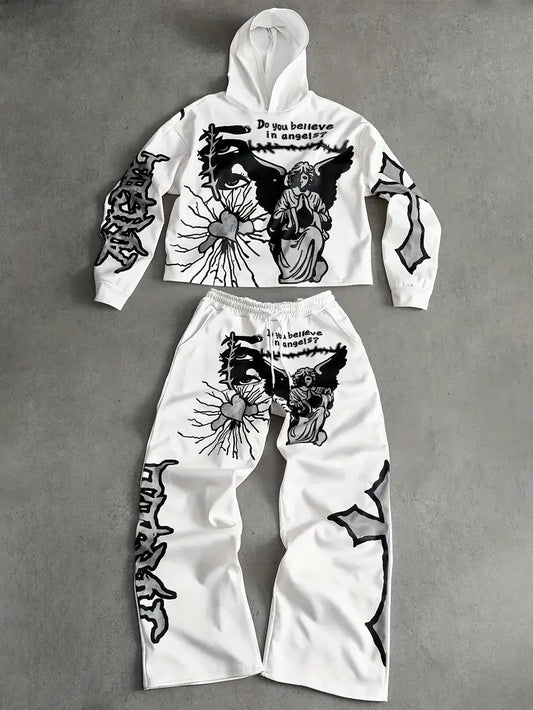 Men's 3D Angel Heart Hoodie Set Polyester Casual Streetwear Two-Piece Outfit with Graphic Sweatshirt & Pants White/Black
