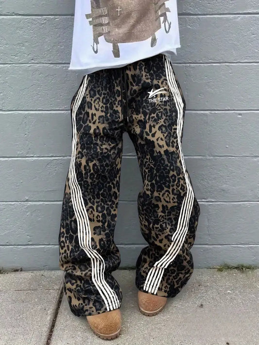 Men’s Leopard Print Sweatpants – Y2K Jungle Graphic Joggers with Drawstring Waist for Streetwear