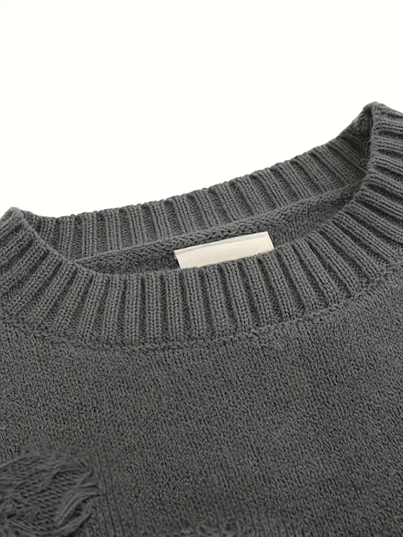 Men's Distressed Knit Sweater – Unisex Pullover, Drop Shoulder, Casual Streetwear for Fall/Winter