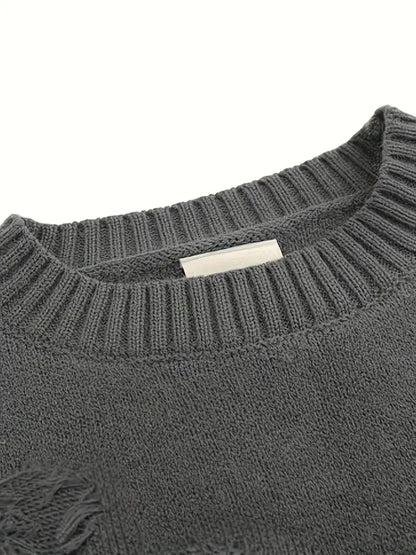 Men's Distressed Knit Sweater – Unisex Pullover, Drop Shoulder, Casual Streetwear for Fall/Winter