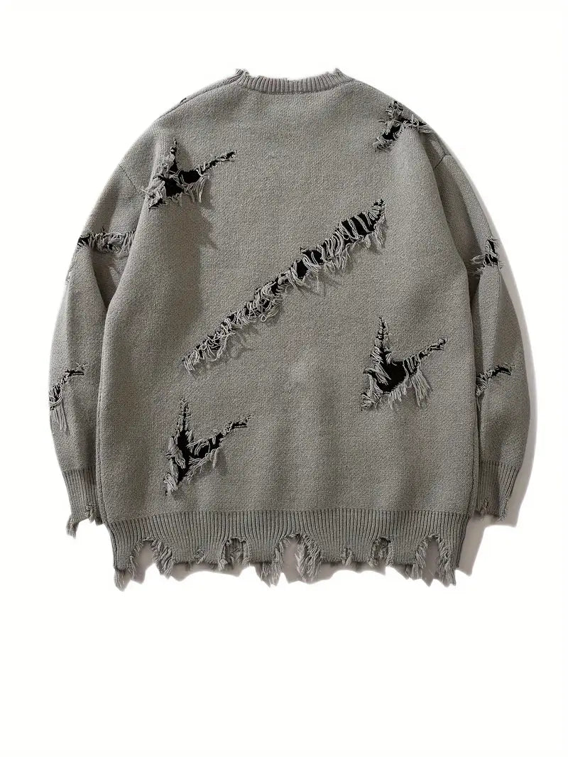 Men's Distressed Letter Sweater – Black Pullover, Scratched Knit, Streetwear for Autumn Winter Fashion