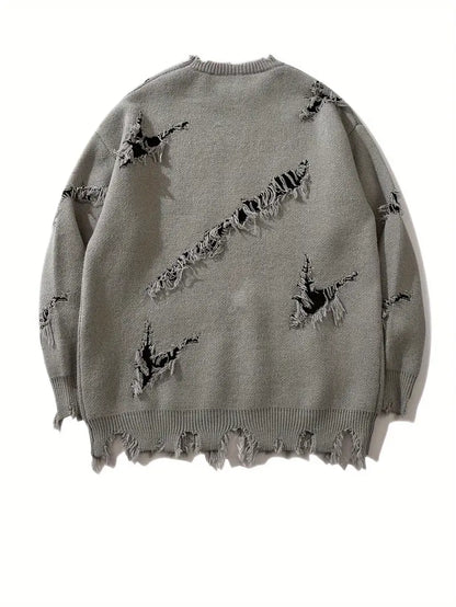 Men's Distressed Letter Sweater – Black Pullover, Scratched Knit, Streetwear for Autumn Winter Fashion