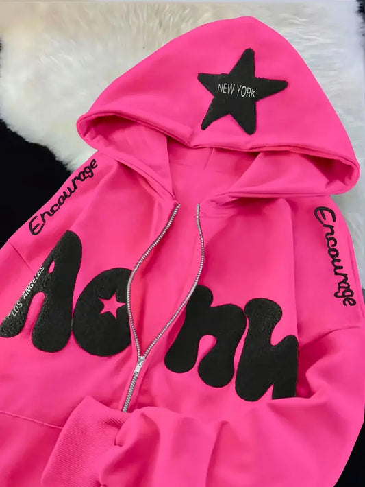 Women's Y2K Oversized Hooded Sweatshirt with Fleece Lining Zip-Up Closure Star Print Black White