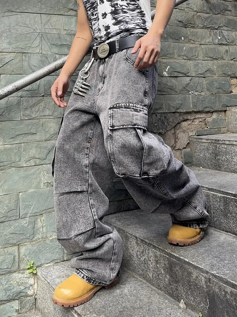 Men’s Solid Color Wide-Leg Jeans – Regular Fit Denim with Raw Hem & Button Closure for All-Season Wear