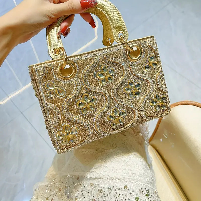 Women’s Light Luxury Small Shoulder Handbag – Genuine Leather, Rhinestone Accent, Large Capacity Dinner Bag