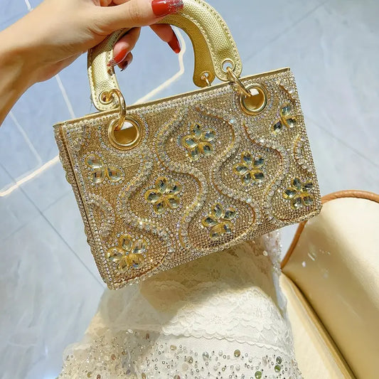 Women’s Light Luxury Small Shoulder Handbag – Genuine Leather, Rhinestone Accent, Large Capacity Dinner Bag