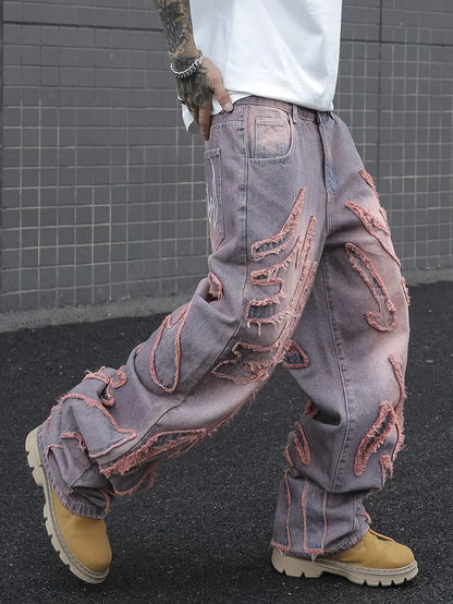 Men’s Vintage American Streetwear Loose-Fit Jeans – Frayed Hem, Gradient Wash, Wide-Leg