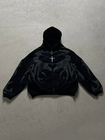 Men's Tribal Zipper Hoodie Loose Fit Streetwear Jacket with Hood Urban Casual Outerwear Orange