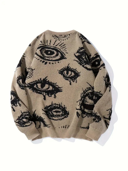 Eye Graphic Sweater – Unisex Streetwear Pullover, Black & White Knit, Fall Winter Fashion Coffe
