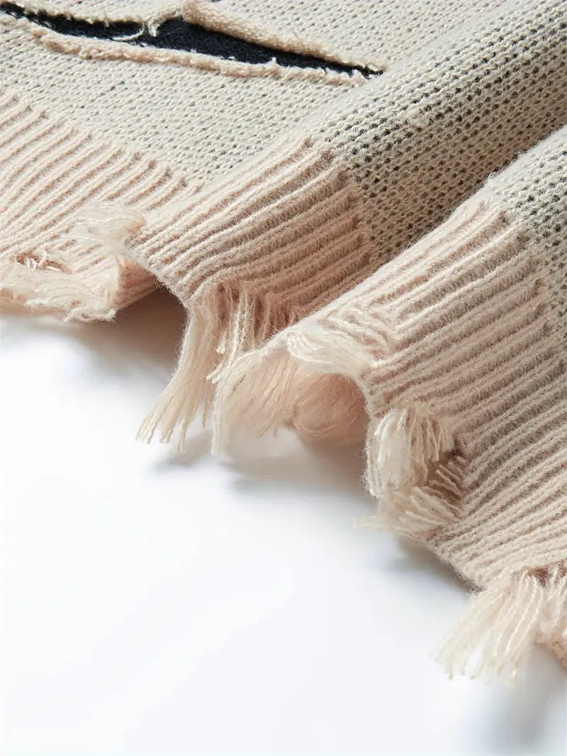 Men's Distressed Knit Sweater – Casual Pullover, Ripped Detail, Loose Fit Streetwear for Fall/Winter