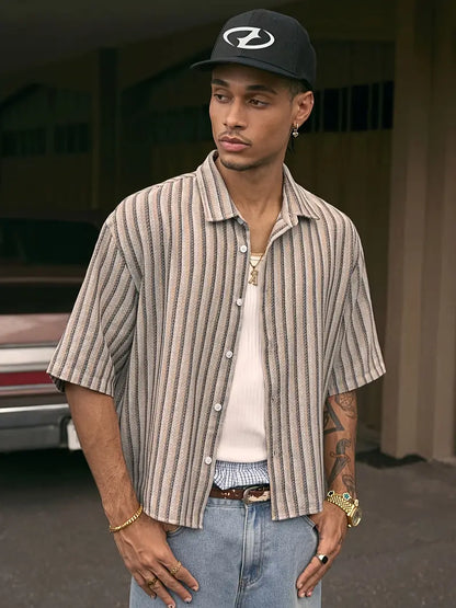 Men's Color Block Shirt Loose Fit Button-Up Non-Stretch Woven Fabric Beige Gray Red Striped Casual Top