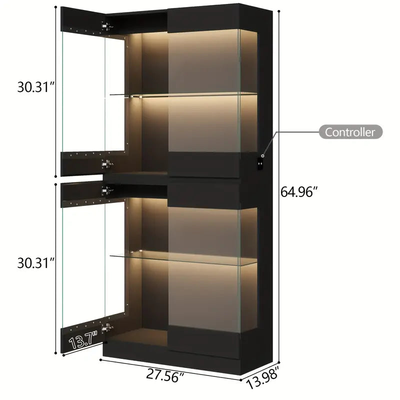 Extra-Tall 4-Tier Glass Display Cabinet with LED Lighting – Freestanding Storage Unit with Adjustable Shelves & Anti-Tip Safety – Black, 64.96" Height