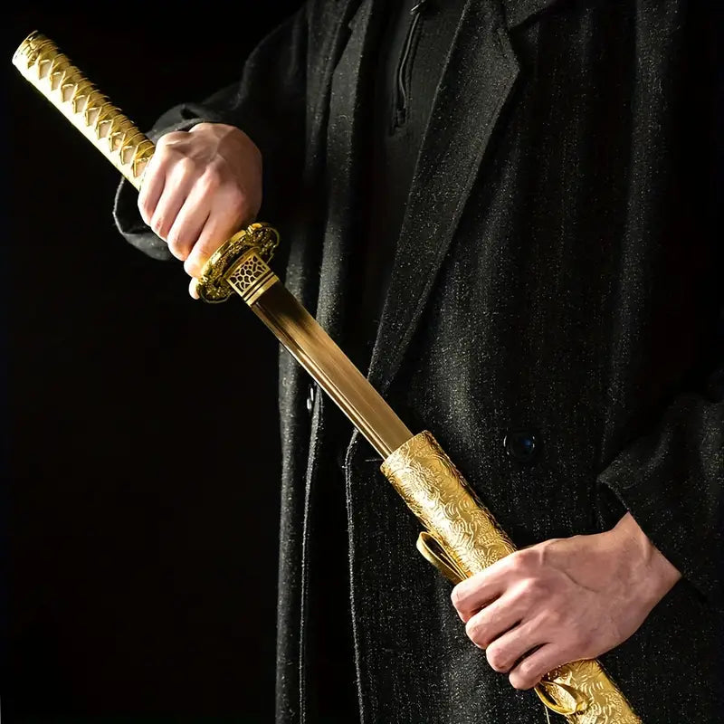 Golden Dragon Samurai Sword – High Manganese Steel, Ornate Tanto Blade, Riveted Handle, Historical Replica for Festive Displays