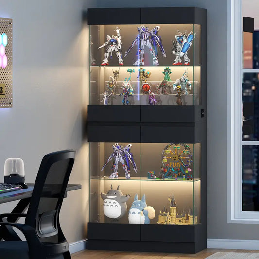 Extra-Tall 4-Tier Glass Display Cabinet with LED Lighting – Freestanding Storage Unit with Adjustable Shelves & Anti-Tip Safety – Black, 64.96" Height