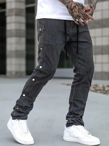 Men’s Flared Streetwear Jeans – Drawstring Waist Faux Denim with Button Closure & Stretch Fit