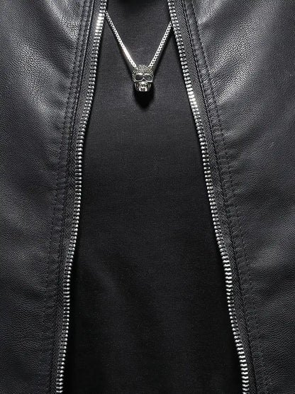 Men's Retro PU Biker Jacket Zip-Up Stand Collar Faux Leather Casual Outerwear for Spring Fall