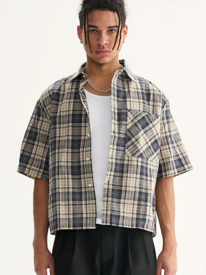 Men's Beige Blue Black Plaid Cropped Shirt Oversized Button-Up Relaxed Fit Short Sleeve Casual Top