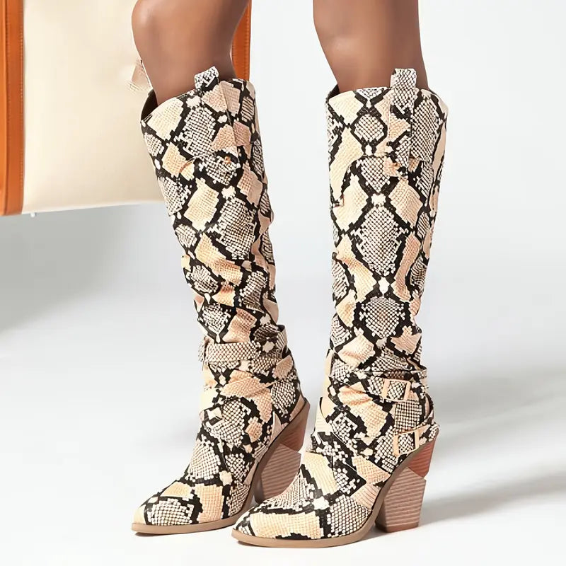 Retro Women’s Knee-High Boots – Slip-On Pointed Toe Chunky Heel with Snake-Pattern PU Upper, Winter Fashion for Streetwear & Photography
