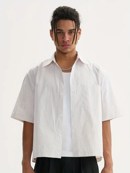 Unisex Casual Striped Shirt Oversized Short Sleeve Button-Up with Chest Pocket Lightweight Polyester