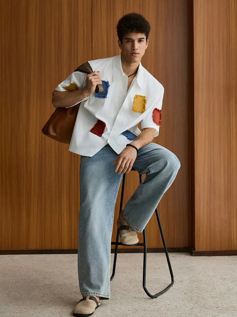 Men's Summer Casual Color Block Shirt Loose Fit Short Sleeve Button-Up Lightweight Non-Stretch Fabric