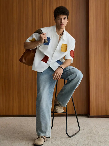 Men's Summer Casual Color Block Shirt Loose Fit Short Sleeve Button-Up Lightweight Non-Stretch Fabric