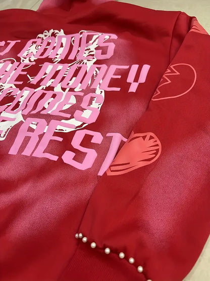 Unisex Oversized Y2K Streetwear Hoodie Flame Letter Print Gradient Red Pullover for Men & Women