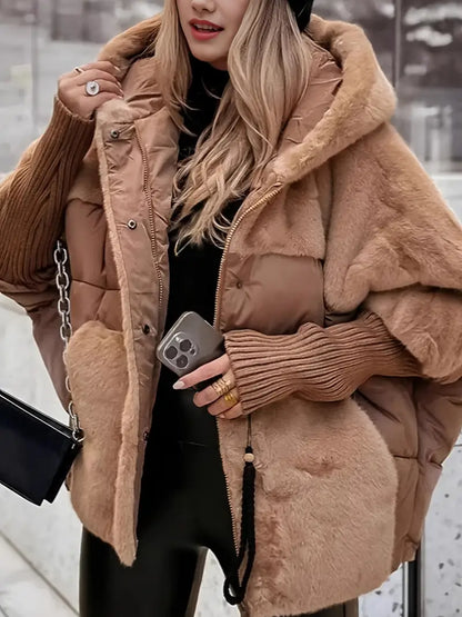 Women's Winter Hooded Jacket with Full-Zip Closure Loose Fit Padded Outerwear in Neutral Colors