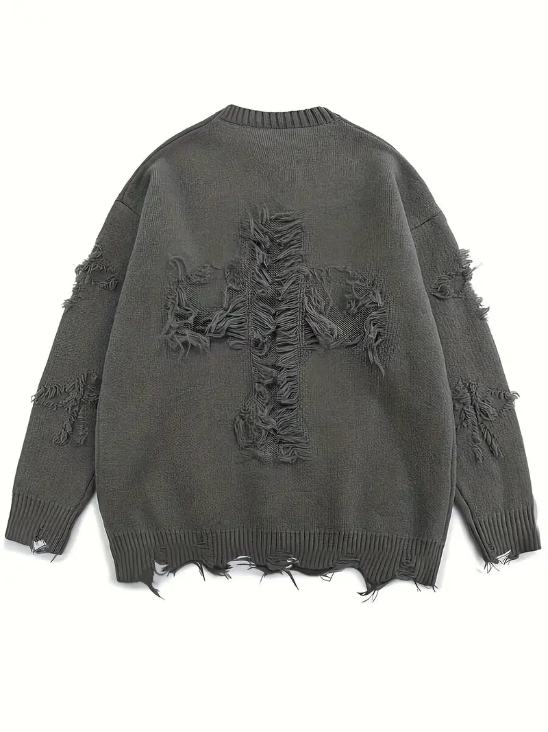 Men's Distressed Knit Sweater – Unisex Pullover, Drop Shoulder, Casual Streetwear for Fall/Winter