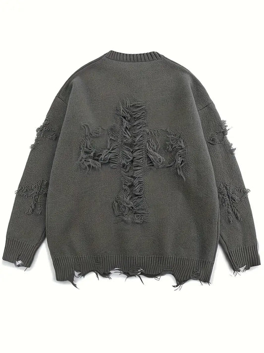 Men's Distressed Knit Sweater – Unisex Pullover, Drop Shoulder, Casual Streetwear for Fall/Winter