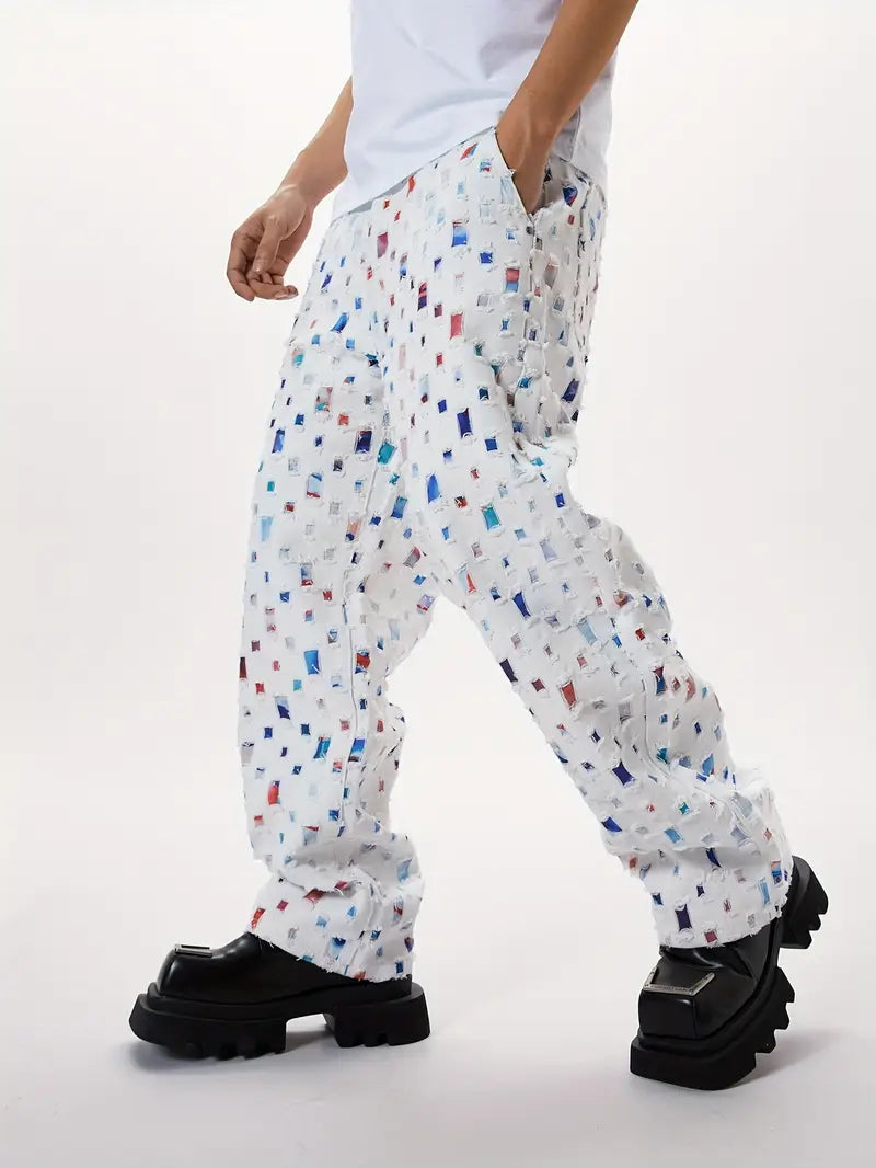 Men’s Baggy White Jeans – Y2K Skateboard Style Straight-Leg Denim with Floral Lattice Print
