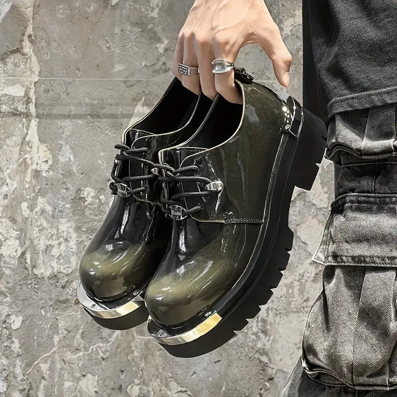 Men's Low-Top Lace-Up Boots – Glossy Multi-Color Ankle Shoes, PU Upper, Streetwear & Casual Style