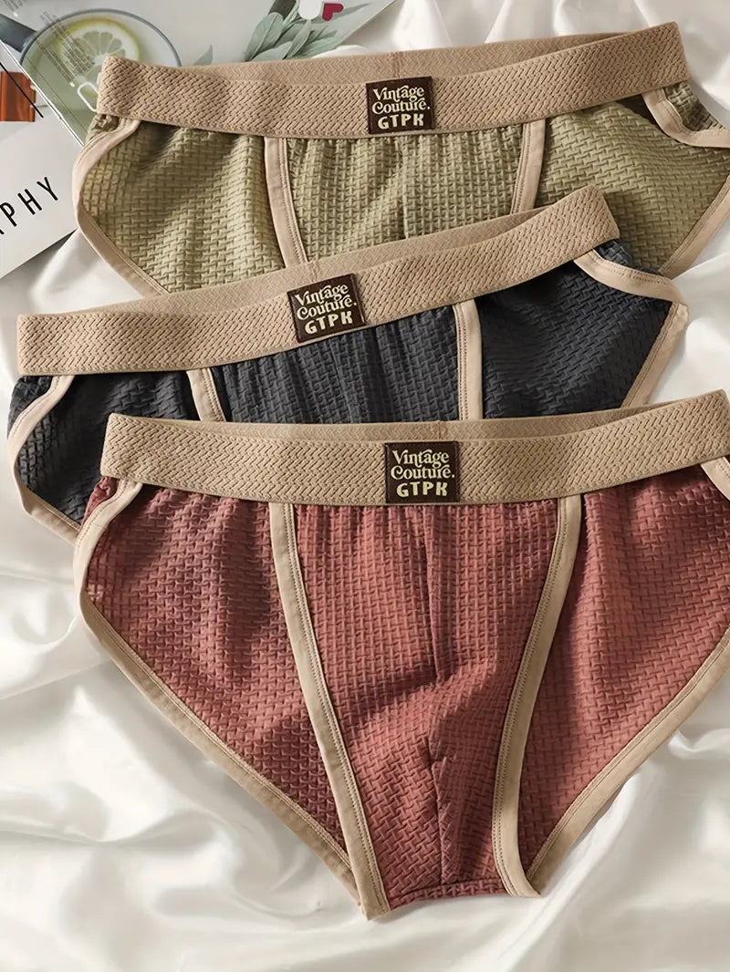 3pcs Men's Retro Briefs – Textured Pattern, Elastic Waistband, Soft Microfiber Underwear Set