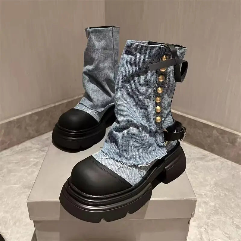 Women’s Korean Designer Chunky Platform Boots – PU Moccasin-Style Ankle Boots with Zipper Closure, Cuff Detailing & Pointed Toe for Autumn/Winter Casual & Formal Wear