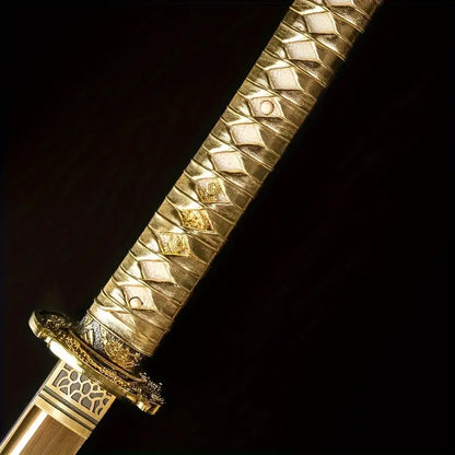 Golden Dragon Samurai Sword – High Manganese Steel, Ornate Tanto Blade, Riveted Handle, Historical Replica for Festive Displays