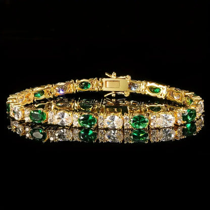 Luxurious 5mm Oval Green & White 5A Zirconia Tennis Bracelet – 18K Gold-Plated Copper, Double Clasp Closure, Elegant Hip-Hop Style for Women