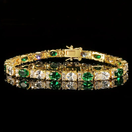 Luxurious 5mm Oval Green & White 5A Zirconia Tennis Bracelet – 18K Gold-Plated Copper, Double Clasp Closure, Elegant Hip-Hop Style for Women