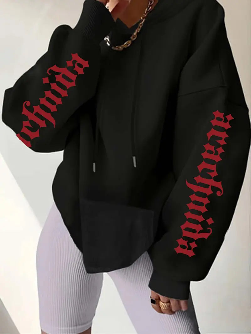 Women's Gothic Hoodie with Spider Web and Skull Graphic Black with Red Print Drawstring Hood Fall Winter