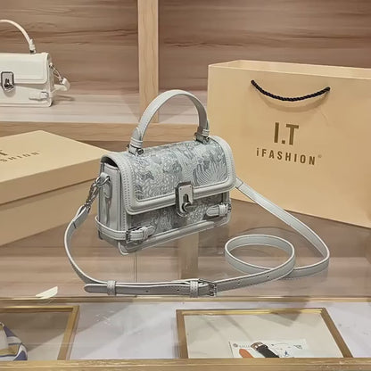 Women's Genuine Leather Handbag with Magnetic Closure Elegant Floral Pattern Chain Strap Compact Purse