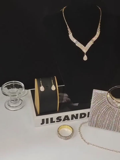 4-Piece Sparkly Dinner Bag & Jewelry Set – Rhinestone Tote, Shoulder Bag, Necklace, Earrings, Bracelet