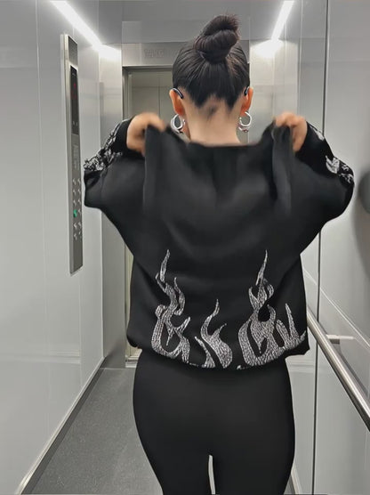Women's Y2K Hip-Hop Hoodie with Black Flame Graphic Zip-Up Sweatshirt Loose Fit Streetwear Pullover