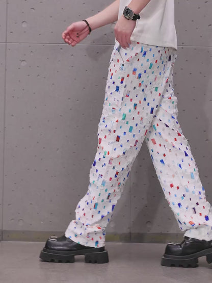 Men’s Baggy White Jeans – Y2K Skateboard Style Straight-Leg Denim with Floral Lattice Print