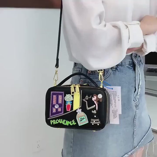 Women’s Retro Cartoon Shoulder Bag – Faux Leather Crossbody Purse with Floral Print