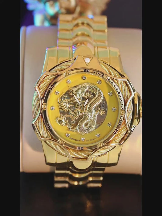 Men’s Golden Dragon Tourbillon Watch – Yellow Steel Strap, Skeleton Dial, Automatic Mechanical Movement, Formal & Luxury Style